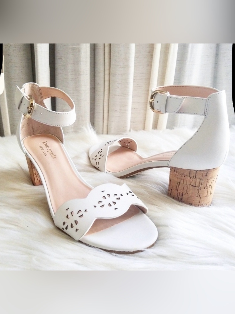 Kate Spade New York Willow Block Heel White Leather Ankle Strap Sandals Sz 7